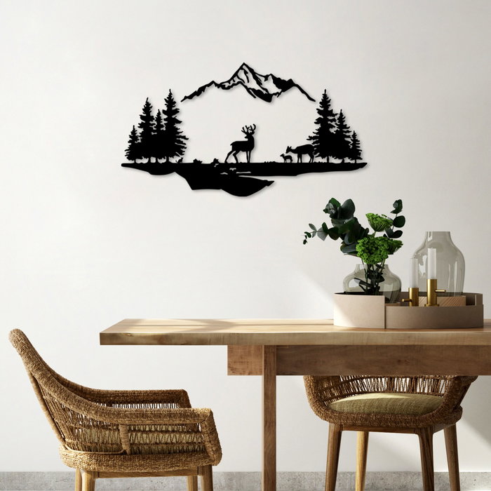 Wallity Deer And Landscape - 1 Escultura de pared de metal negra